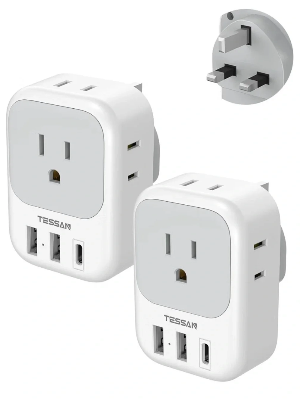 TESSAN UK Adapters for Travel, Type G Adaptor, 2 Pack 4 Outlets 3 USB, NEW
